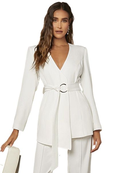 

solid belted blazer z4br#, White