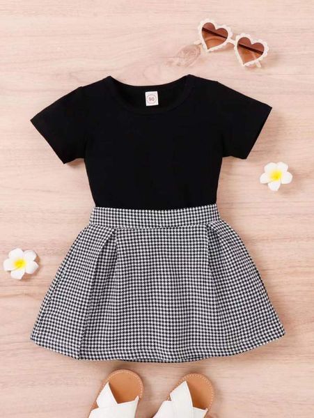

toddler girls solid tee & houndstooth plicated detail skirt she, White