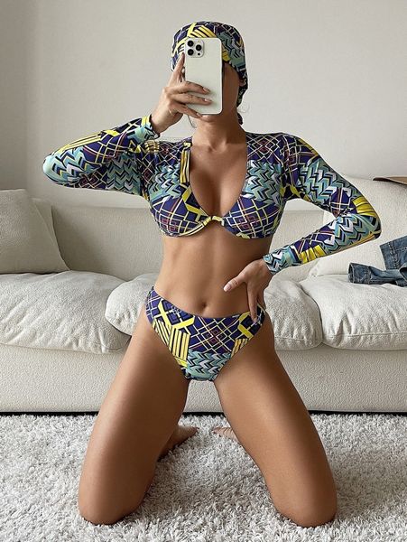 

3pack geo graphic underwire bikini swimsuit & kerchief o4fl#, White;black