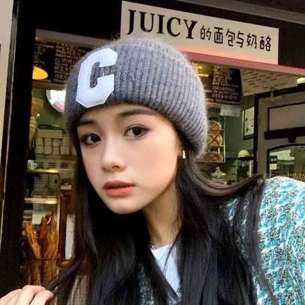 

celinbelt popular rabbit hair letter c knitted hat mens and womens warm baotou cold thickened street sconcave shape fashion, Blue;gray