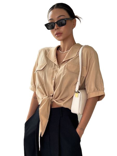 

dazy solid flap pocket knot hem batwing sleeve shirt 381h#, White