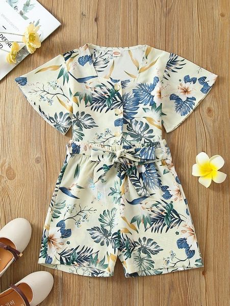 

girls tropical print blouse & belted shorts she, White