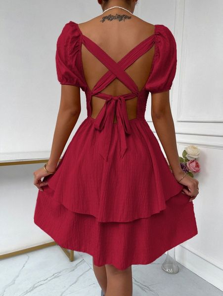 

shirred lace up back puff sleeve dress t0uy#, Black;gray