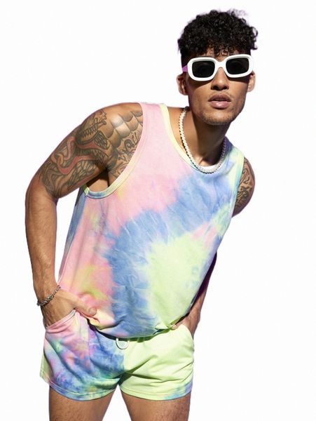 

men tie dye tank & drawstring waist shorts y47d#, Gray