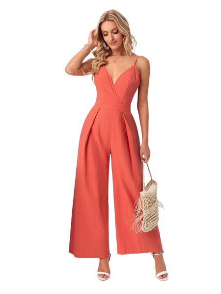 

emery rose plicated detail tie back wide leg cami jumpsuit k6ul#, Black;white