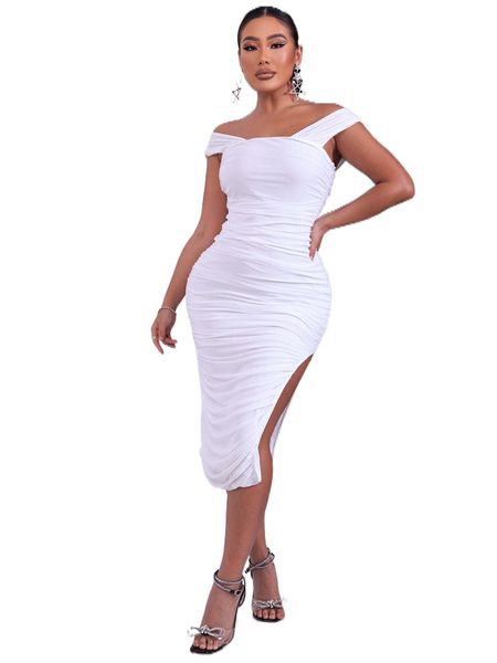 

joyfunear off shoulder ruched split thigh dress p3yp#, Black;gray