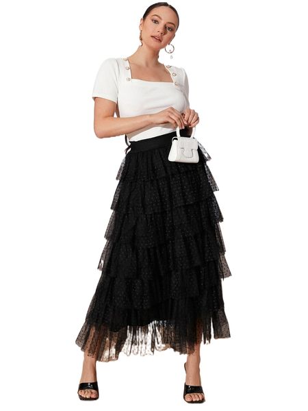 

dobby mesh layered hem skirt m650#, Black