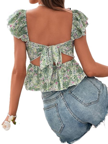 

allover floral print ruffle trim backless knot blouse a4mg#, White