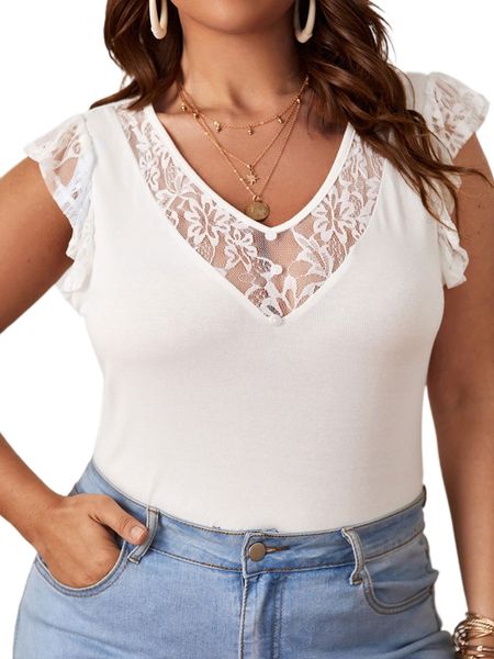 

plus contrast lace butterfly sleeve tee 32om#, Black