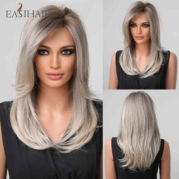 Easihair Comprimento médio Cinzento prateado Wigs Synthetic Side Fangs Diário Cosplay Africa American Resista ao calor 220525