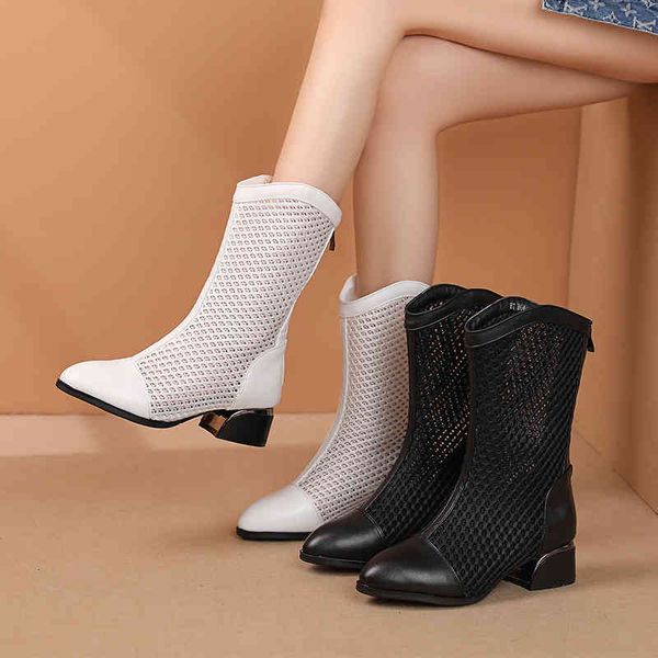 

boots leather mesh high sandals women's thick heels short boots large breathable spring and summer net d32q, Black