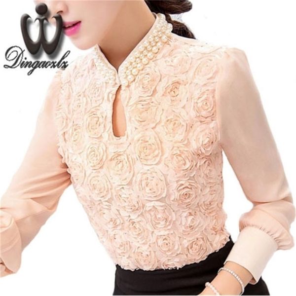 

dingaozlz new plus size women chiffon blouse flower beaded lace long sleeved casual shirt patchwork women clothing t200322, White