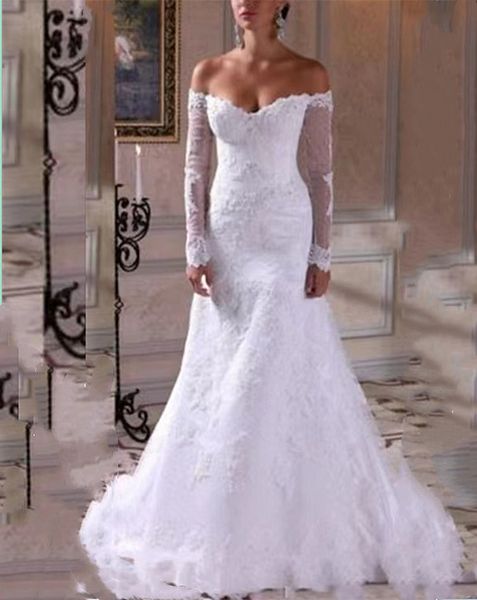 

sweetheart lace mermaid wedding dress off shoulder long sleeve white trumpet bridal gowns v-back classy ivory bride dresses custom made 2022