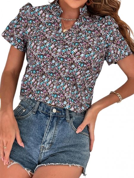

ditsy floral notched neckline puff sleeve blouse p88f#, White