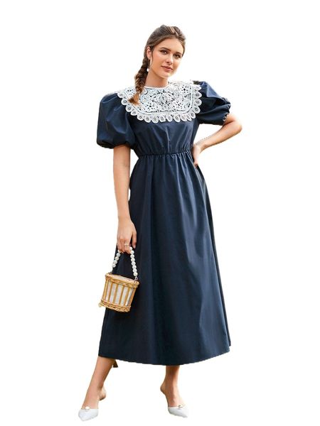

guipure lace panel puff sleeve dress 43j4#, Black;gray