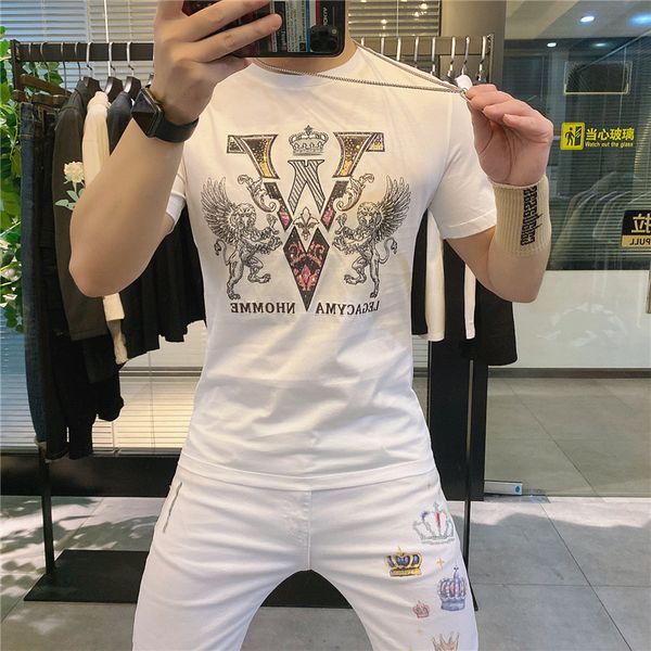 

summer men's t shirt new high-quality lion v-letter print casual cotton men short-sleeved diamond plus size top, White;black