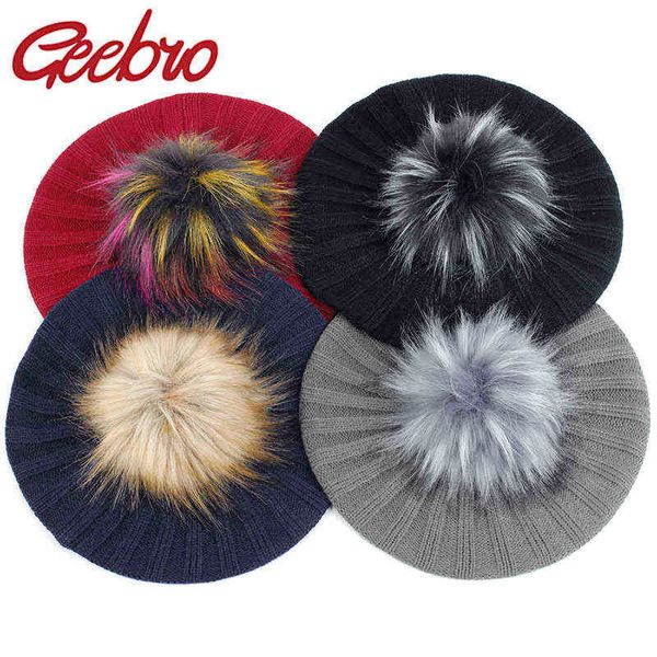 Geebro Donna Berretto a costine Cappelli invernali slouchy Berretti a maglia Cappuccio per ragazze Lady Moda femminile con pompon in pelliccia sintetica da 15 cm J220722