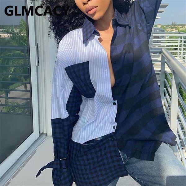 

women long sleeve button down shirt striped plaid patchwork blouse shirt 210702, White