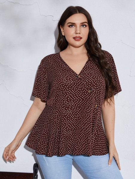 

plus allover print fake button peplum blouse d07t#, Black