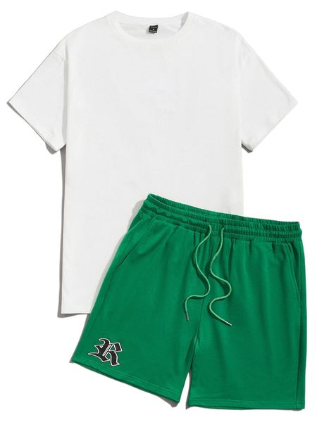 

men drop shoulder tee & drawstring waist shorts set 99hs#, Gray