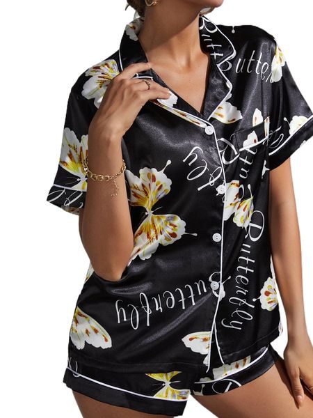 

letter & butterfly graphic satin pj set j0gf#, Black;red