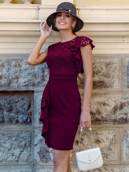 

miusol ruffle trim lace bodice fitted dress 71qb#, Black;gray