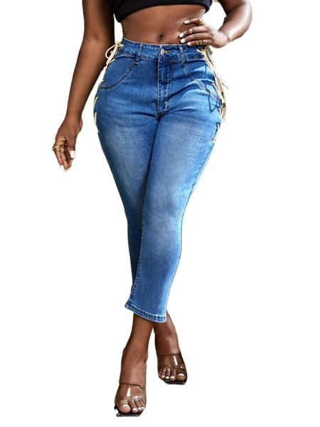

sxy grommet lace up tapered jeans i0st#, Blue