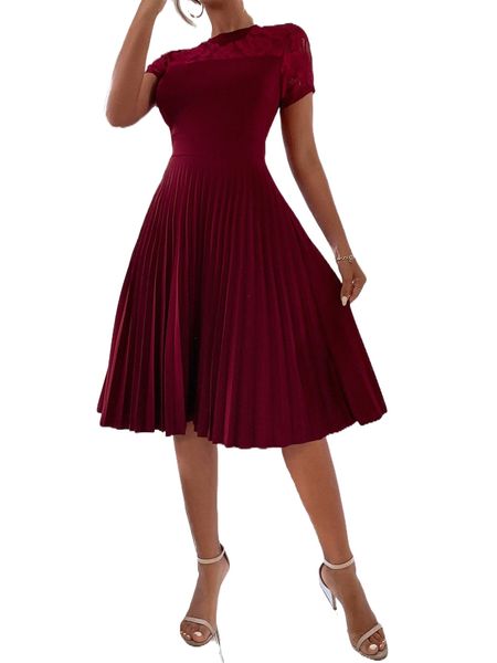 

contrast lace pleated hem dress i8x8#, Black;gray