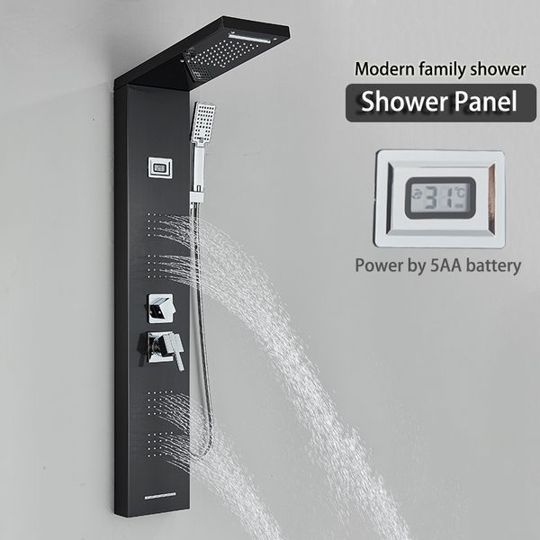 Banheiro preto/escovado Painel de chuveiro Tower Sistema de parede Misturador de parede Torneira de torneira de chuveiro manual Spa Massagem com tela de temperatura