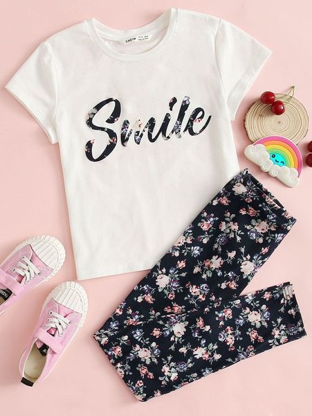 

girls letter and floral print tee and leggings set she, White