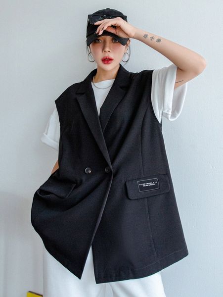 

dazy letter patch detail double button vest blazer s71i#, White