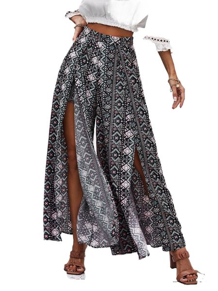 

floral & geo print split hem pants 02fe#, Black;white