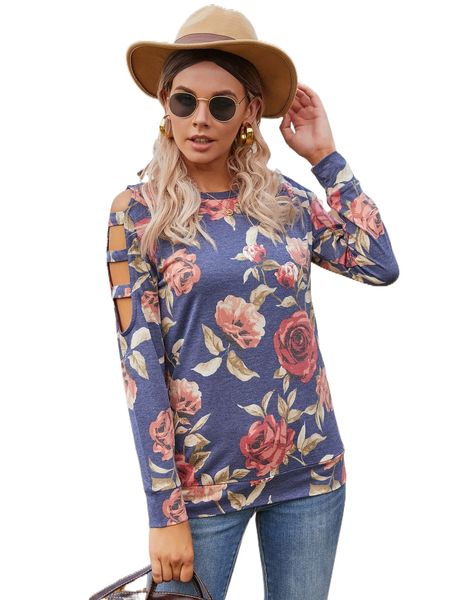 

dearcase ladder cut out raglan sleeve floral sweatshirt t6bd#, Black
