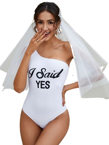 

letter graphic one shoulder one piece swimsuit m29i#, White;black