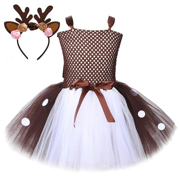 Vestido de tutu de veado para meninas trajes de halloween vestidos de rena de meninas com bandeira da cabeça de flor de roupas de animais de roupa 220423