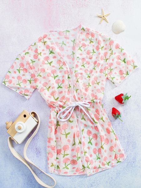 

toddler girls cherry print tie front kimono she, White;black