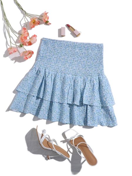 

ditsy floral print shirred waist layered skirt 87qu#, Black