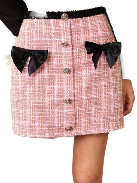 

button bow front tweed skirt 08uv#, Black