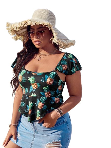 

plus tropical & pineapple print ruffle trim bandana hem w7u0#, Black