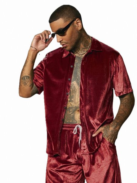 

men velvet shirt & drawstring waist shorts without tee s9rm#, Gray