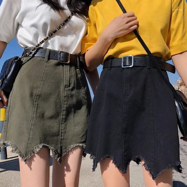 Saias plus size 3xl 4xl meninas jovens saia de jeans de jeans de moda de moda faz velhos lápis de bolso do exército preto de verão