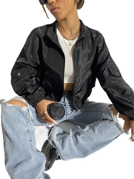 

zipper front drop shoulder windbreaker jacket s66a#, Black;brown
