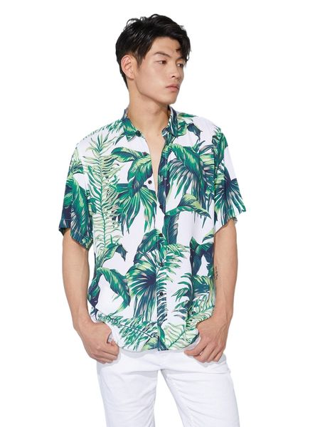

men tropical print button front shirt g6ee#, White;black