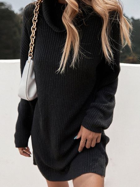 

turtleneck drop shoulder sweater dress o3gs#, White;black