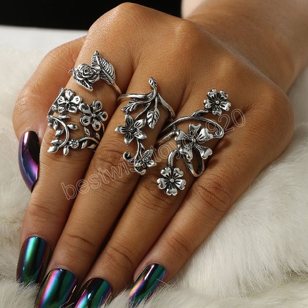 

4pcs/set retro rose flower alloy flower ring set girl bohemian antique silver color for women's party jewelry lover gift