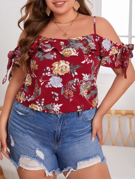 

plus floral cold shoulder ruffle trim blouse s4rp#, Black