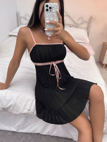 

contrast lace tie front pleated cami dress 41nr#, Black;gray