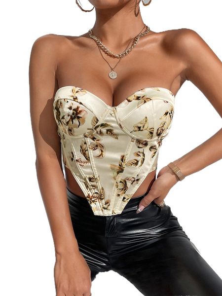 

floral print shirred back asymmetrical hem bustier crop tube m8o2#, White