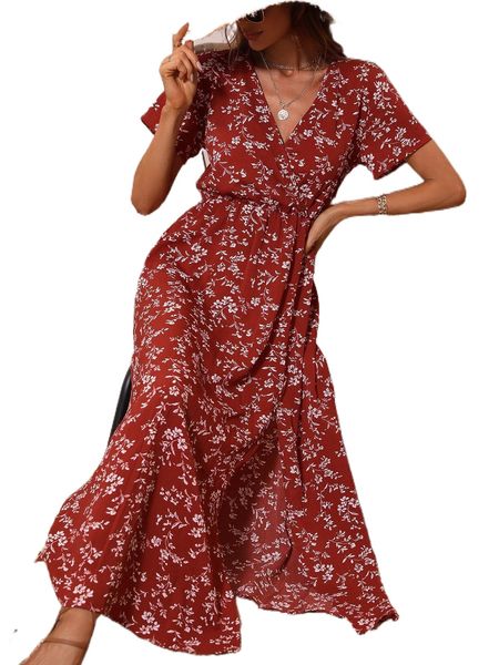 

ditsy floral split thigh wrap dress j5of#, Black;gray