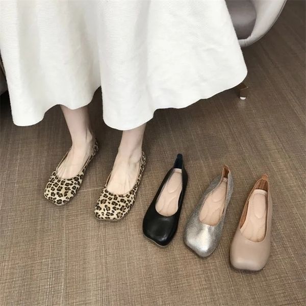 

goth leopard print casual slip on ballet flats women fashion leather loafers summer autumn nursing mules shoes square toe black 220616